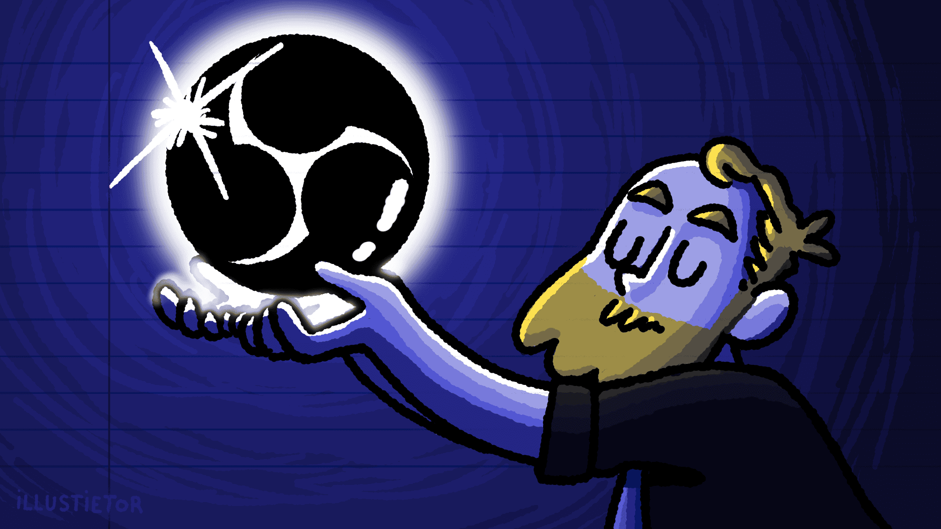 En un ambiente poco iluminado, observamos a illus levantando un orbe brillante con el logotipo de OBS Studio.