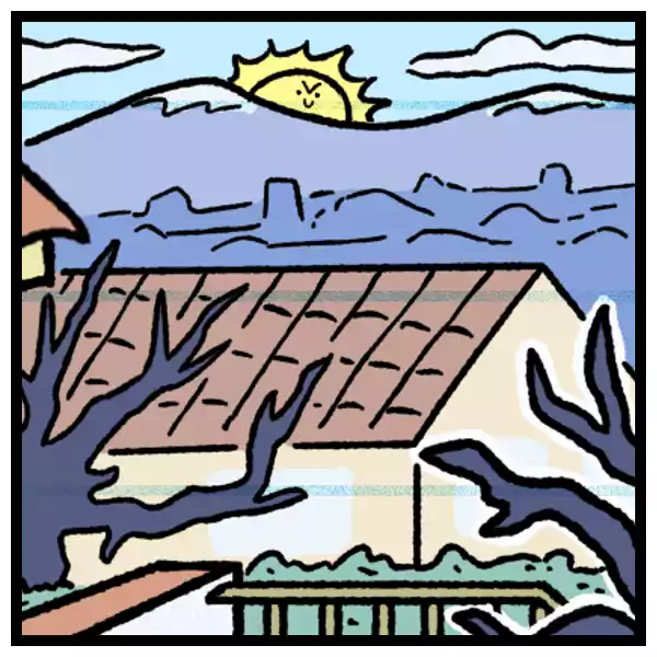 Miniatura de la historieta donde se aprecia a modo detalle el paisaje con árboles, casas y las montañas en el horizonte con el sol asomándose.